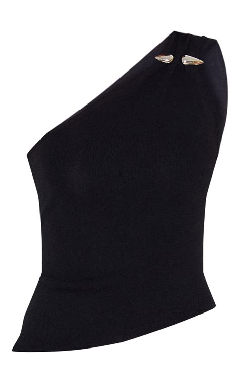 Black Fine Knit Trim Detail One Shoulder Top | Knitwear
