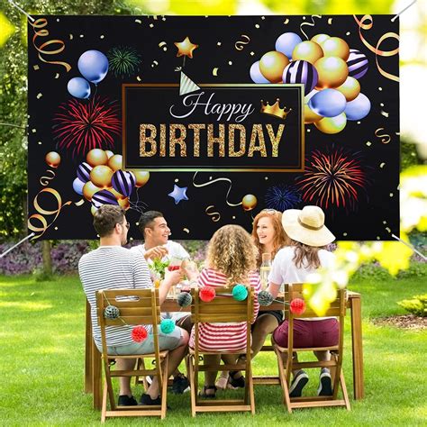 Buy Happy Birthday Backdrop Banner Large Black Gold Balloon Star