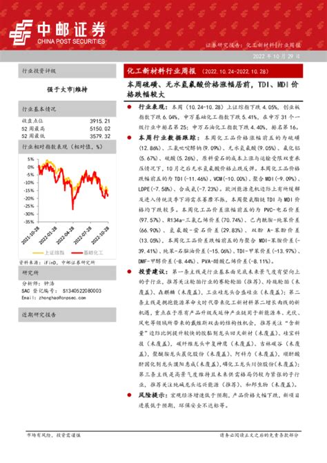 化工新材料行业周报：本周硫磺、无水氢氟酸价格涨幅居前，tdi、mdi价格跌幅较大