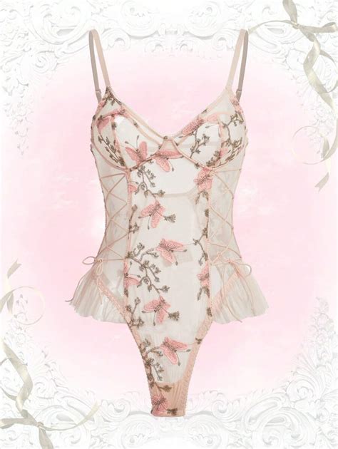 ROMWE Kawaii Butterfly Embroidery Ruffle Trim Mesh Cami Bodysuit Lingerie SHEIN USA