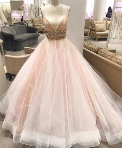 Drop Waist Wedding Dress Pink Blush Ball Gown 2017 Plunging Deep V Neck