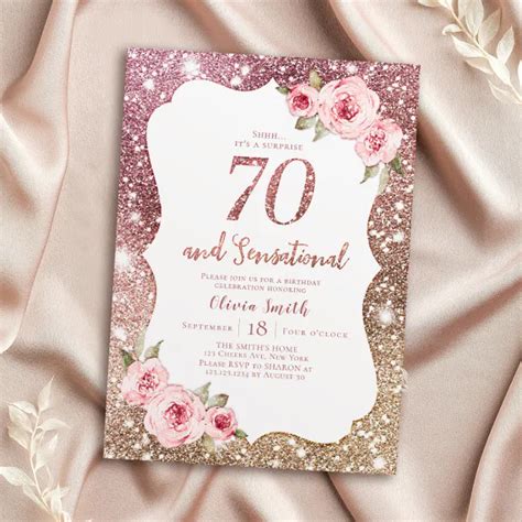 Sparkle Rose Gold Glitter And Floral 70th Birthday Invitation Zazzle