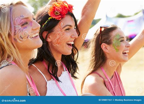 Three Girl Friends At A Music Festival Stock Image Image Of Caucasian Celebration 59881161