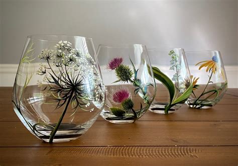 Wildflowers Hand Painted Stemless Wine Glasses Prairie Flowers Etsy