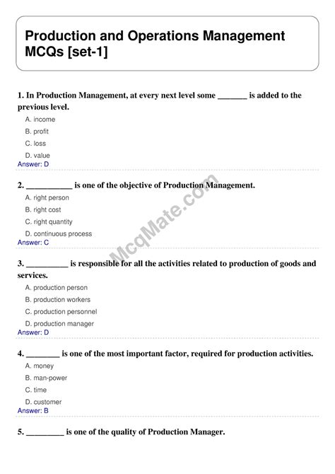 Production And Operations Management Solved MCQs Set 1 Mcq Mate