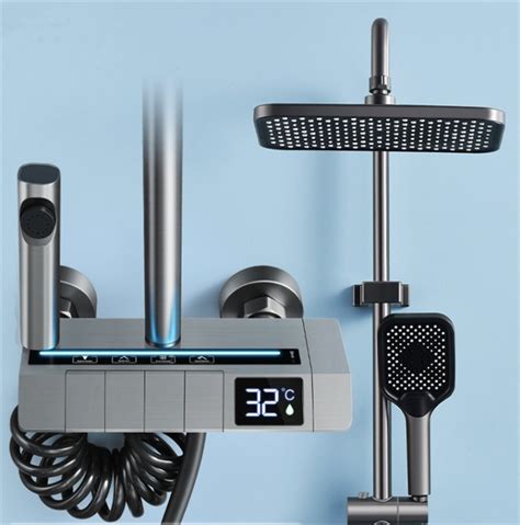 Piano Key Shower Set Gray Bathroom Digital Display Faucet System With Hot And Cold Functions