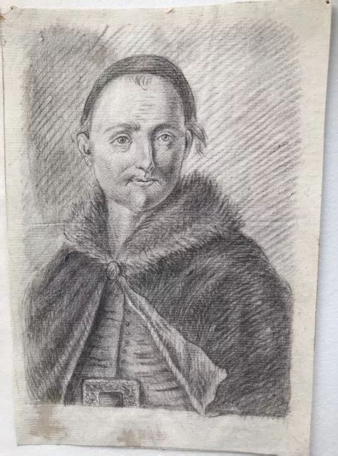 Dessin Fusain Etude De Portrait Face Homme Au Manteau Xviiiéme Siècle