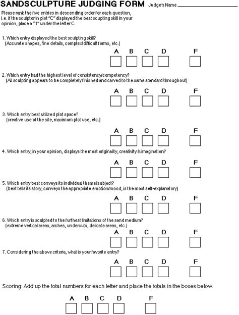 Sand Sculpture Contest Judging Form