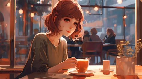 Premium Ai Image A Girl Sits At A Table In A Cafe And Drinks Coffee