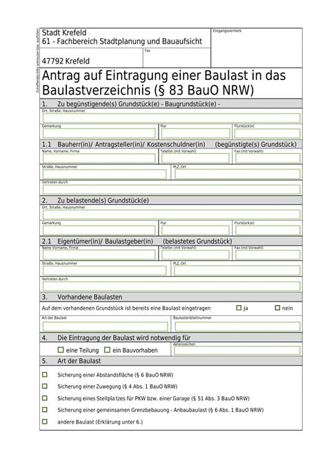 Antrag Auf Eintragung Einer Baulast In Das Krefeld