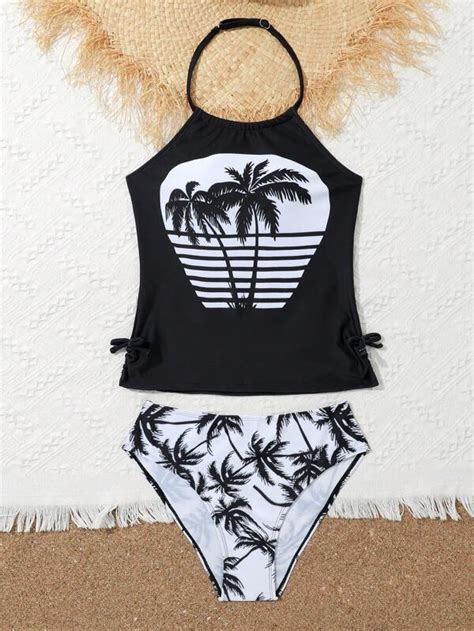 Teen Girl Coconut Tree Print Halter Bikini Swimsuit Shein Usa