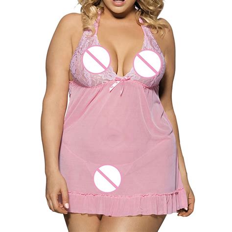 Buy FREE 2PCS Women Bee Babydoll Negligee Sexy Lingerie Lace Plus Size