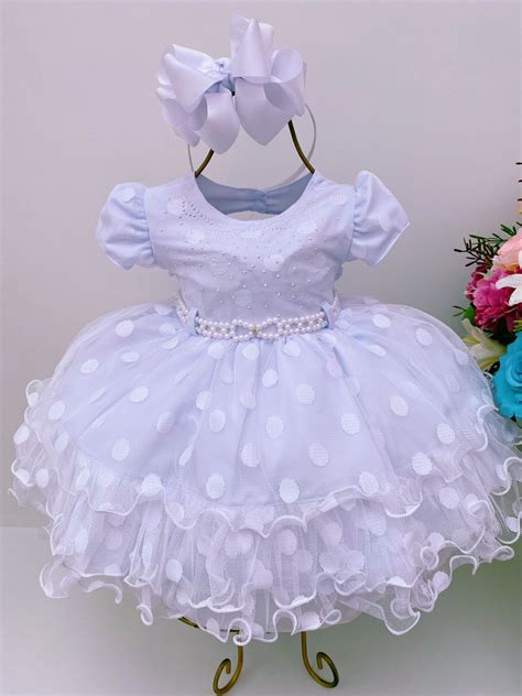 Vestido Infantil Tule Babado Bolas Branco Rosa Charmosa Atacado