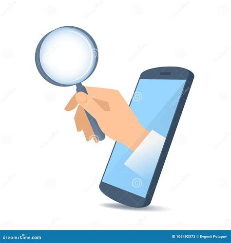 A Hand through the Phone`s Screen Holds a Magnifying Glass. Stock
