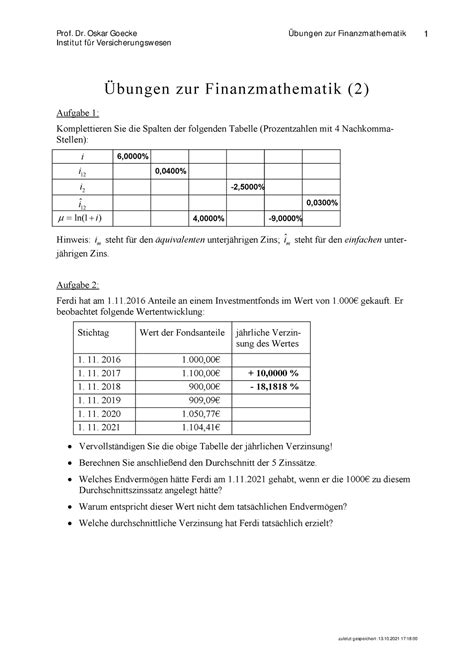 Finanzmathematik Bung Prof Dr Oskar Goecke Bungen Zur Finanzm