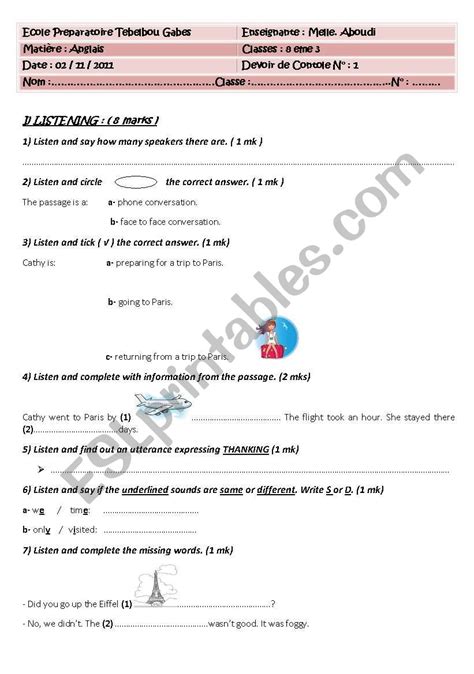 Mid Term Test N Th Form Tunisia Esl Worksheet By Hanen Aboudi