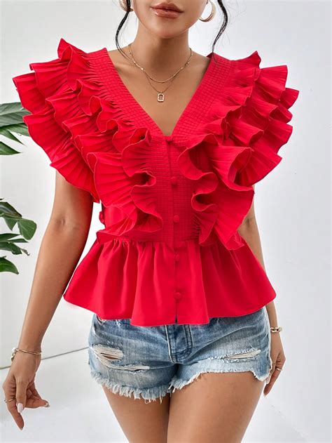 Shein Privé Button Front Ruffle Trim Peplum Blouse Shein Usa