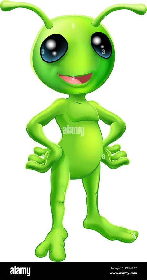 Cartoon Green Happy Friendly Alien Standing With His Hands On His Hips Stock Vector Image And Art