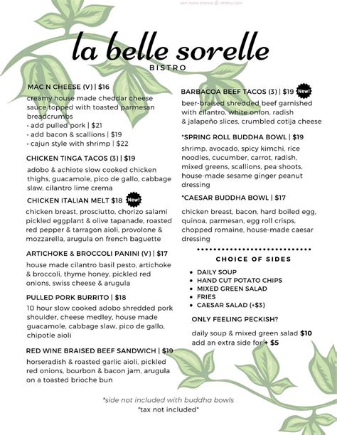 Menu at la belle sorelle bistro restaurant, Alexandria