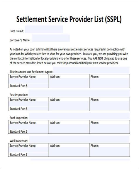 Settlement Service Provider List Fillable Form Printable Forms Free