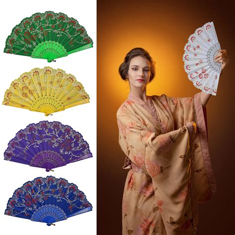 Mairbeon Bronzing Golden Glitter Folding Fan Elegant Plastic Floral