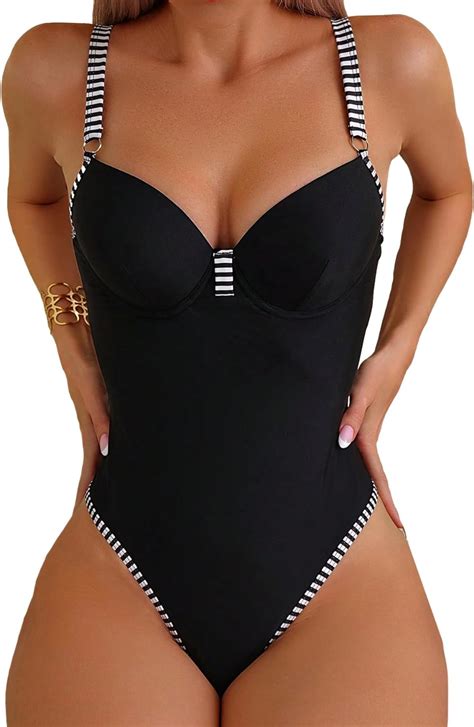 Verdusa Womens One Piece Contrast Binding Swimsuit Push Up High Cut Ring Link Bathing Suit At