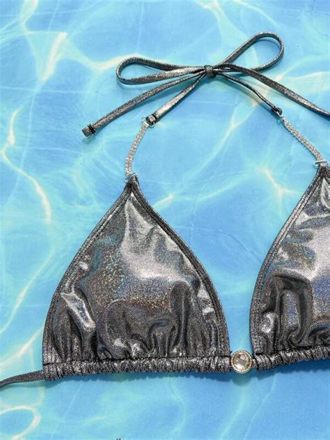 Metallic Triangle Thong Bikini Swimsuit SHEIN USA