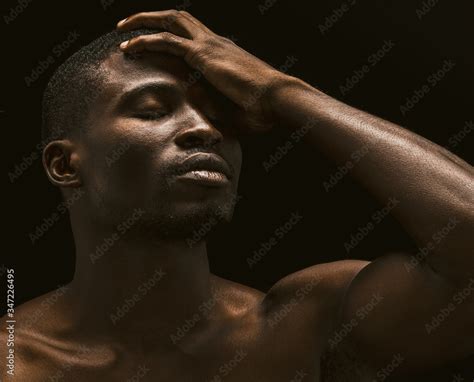 Sexy Afro American Man Shows Face Palm Gesture Portrait Of A Naked Man Standing With Closed