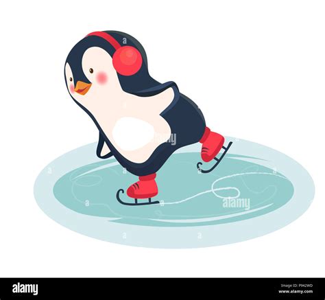 Penguin cartoon. Penguin ice skates on ice skating rink in the winter illustration Stock Photo ...