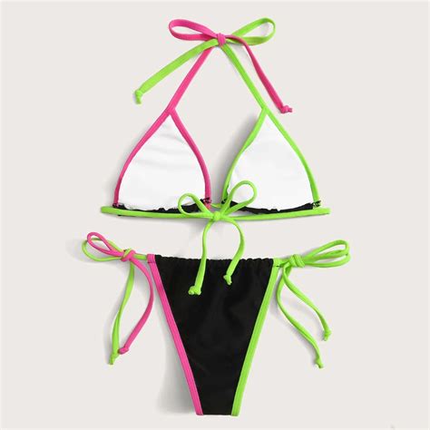 New Design Multi Color Sexy Mini Micro Two Piece Bikini Set Beach Wear Triangle Halter Swimsuit