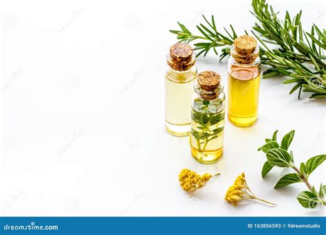 Aromatherapy Essential Oils In Small Bottles Near Fresh Herbs On White