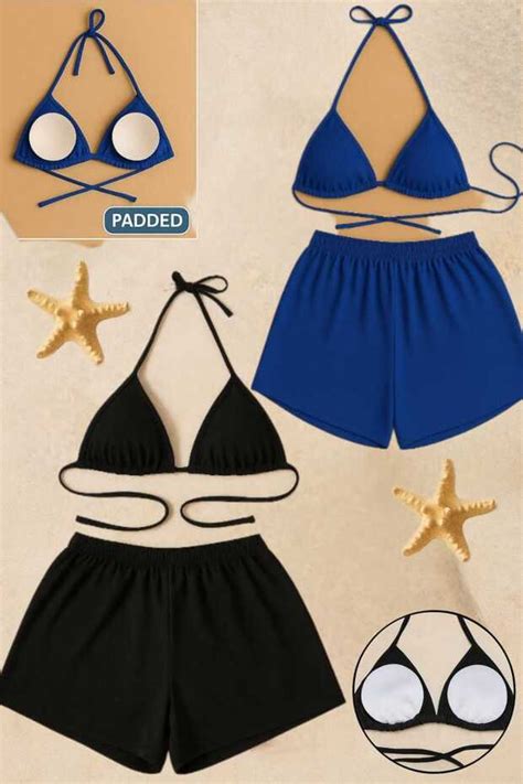 Stail Moda Kadın 2li Siyah Ve Mavi Yandan Ve Boyundan Bağlamalı Tangalı Üçgen Bikini Şort