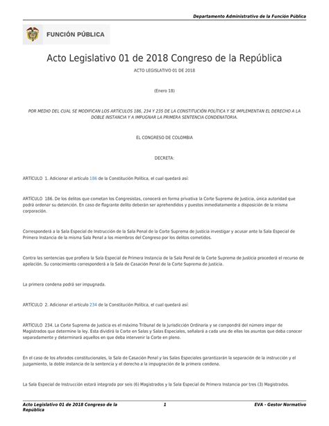 Acto Legislativo De Congreso De La Rep Blica El Congreso De