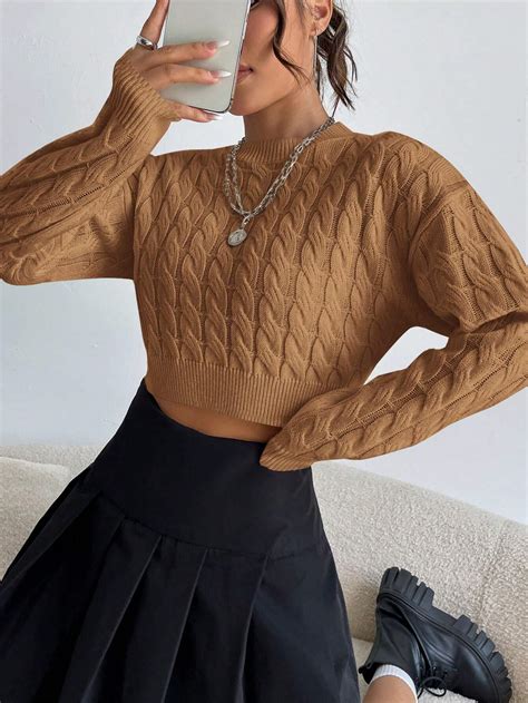 Shein Ezwear Cable Knit Drop Shoulder Crop Sweater Shein Usa