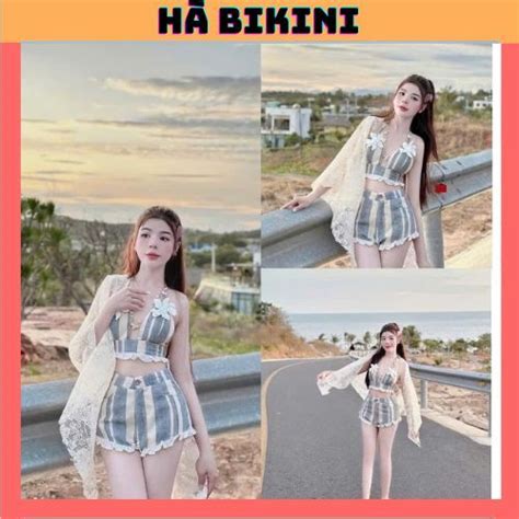 BKN 063 set Bikini đi biển 3 món KAKI SỌC bra đính hoa kèm khăn siêu xinh HÀ Bikini Shopee