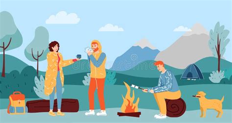 People Camping Friends Having Rest Outdoor Woman Giving Hot Tea To Male Character Stock Vector
