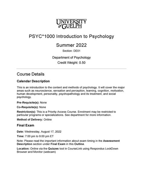 Course Outline Psyc Introduction To Psychology Summer