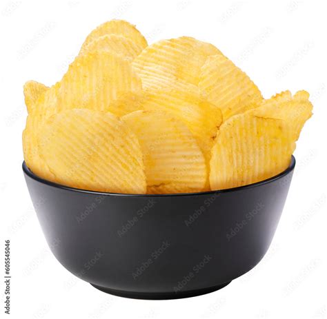 Snack Potato Chipspotato Chips In Black Bowl Isolated On White