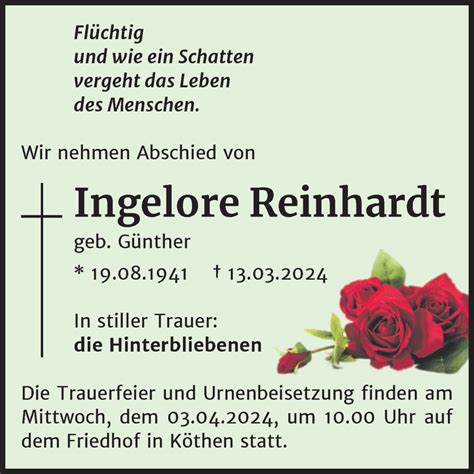 Traueranzeigen Von Ingelore Reinhardt Abschied Nehmen De