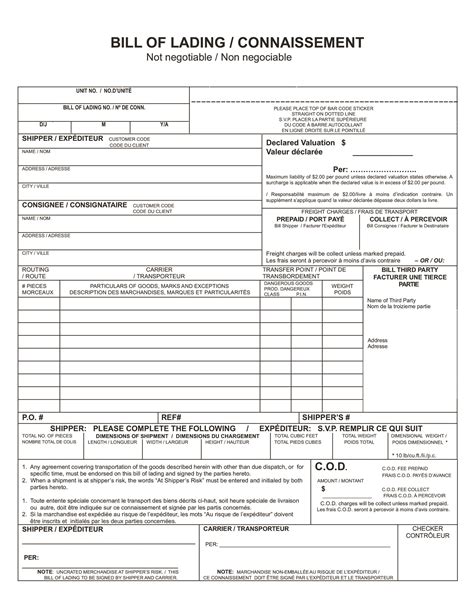 Sample Bill Of Lading Template