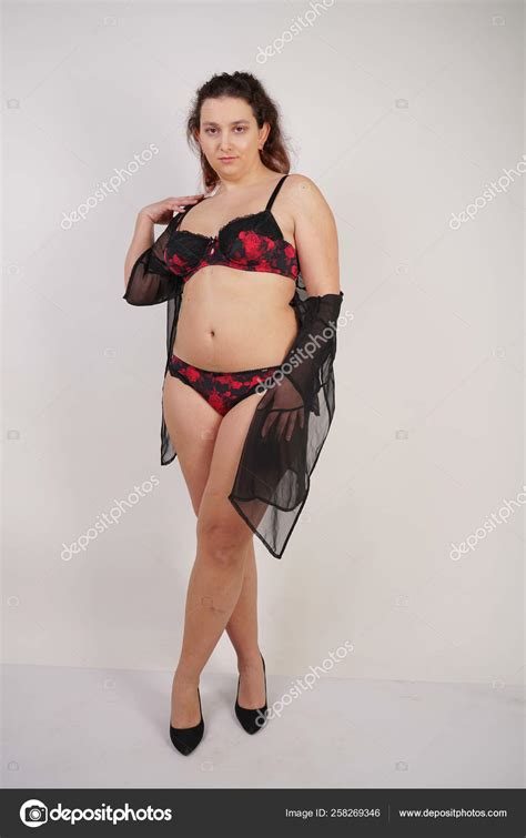 Feminine Chubby Woman Size Body Black Lingerie Posing White Background Stock Photo Agnadevi
