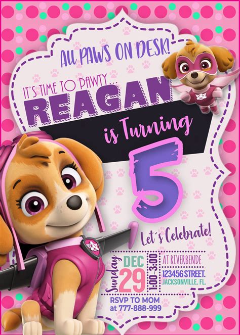 Paw Patrol Girl Invitation Girl Birthday Invitepink Skye Paw Digital Printable