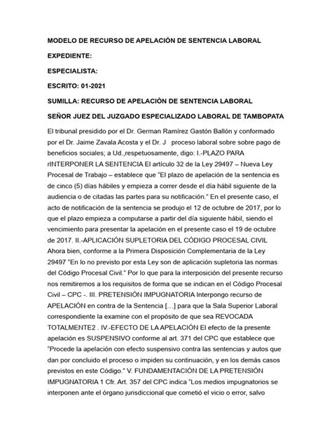 Modelo De Recurso De Apelación De Sentencia Laboral Pdf Apelación