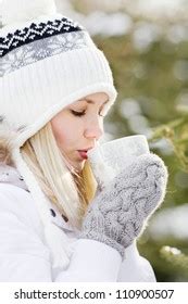 Woman Drinking Hot Tea Winter Forest Stock Photo 110900507 Shutterstock