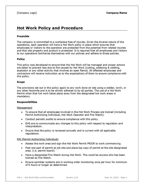 Hot Work Policy And Procedure Template In Word And Pdf Formats