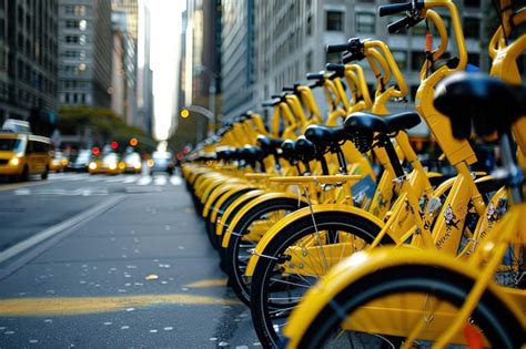 Premium Photo A Row Of Yellow Bikes Parked Next To Each Other