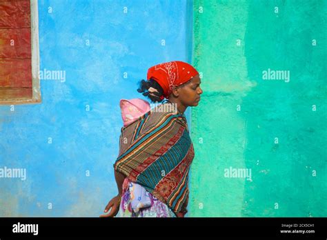 Ethiopian Mother Carrying Baby On Her Back Axum Tigray Ethiopia