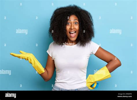 Portrait Of Emotional Brunette Housemaid Resting After Cleaning House And Looking With Excited
