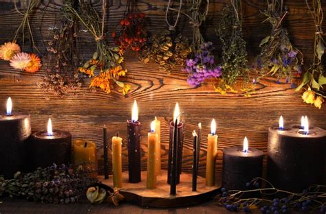 Mystic Ritual With Burning Candles Magic Mirror Flowers And The Tarot