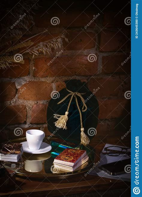 Blurred Predictions Background Tarot Cards Layout On Witch Table Stock